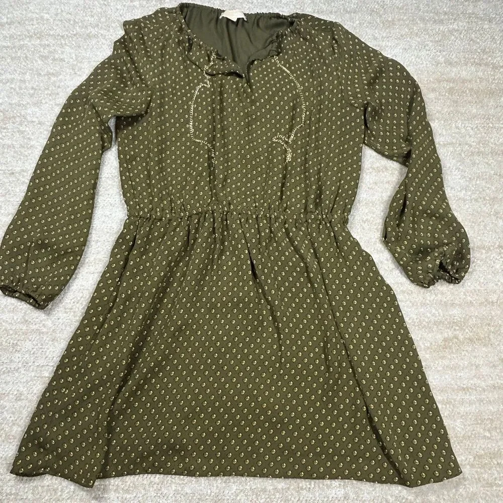 Michael Kors Dress Womens 12 Olive Green Long Sleeve Printed Tassel Tie Boho